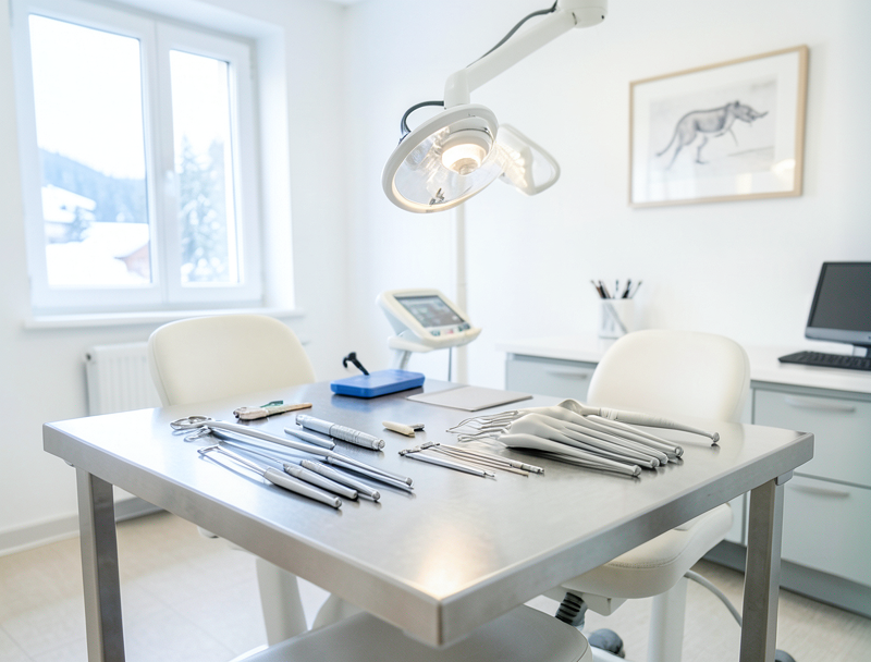 Intérieur lumineux d'un cabinet dentaire suisse avec instruments de haute précision exposés sur une table en acier inoxydable